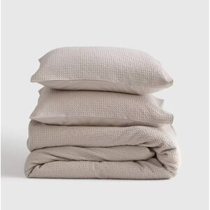 Quince Organic Luxe Honeycomb Duvet Cover Set Sand Queen Size w/ 2 Shams Waffle
